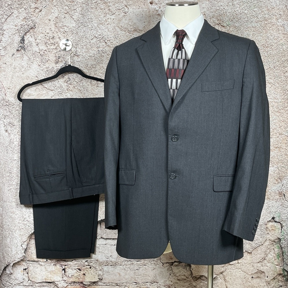 Jack Victor Union Canada Mens Dark Gray Plaid 100% Wool Suit Vince 44L 38(40)X30